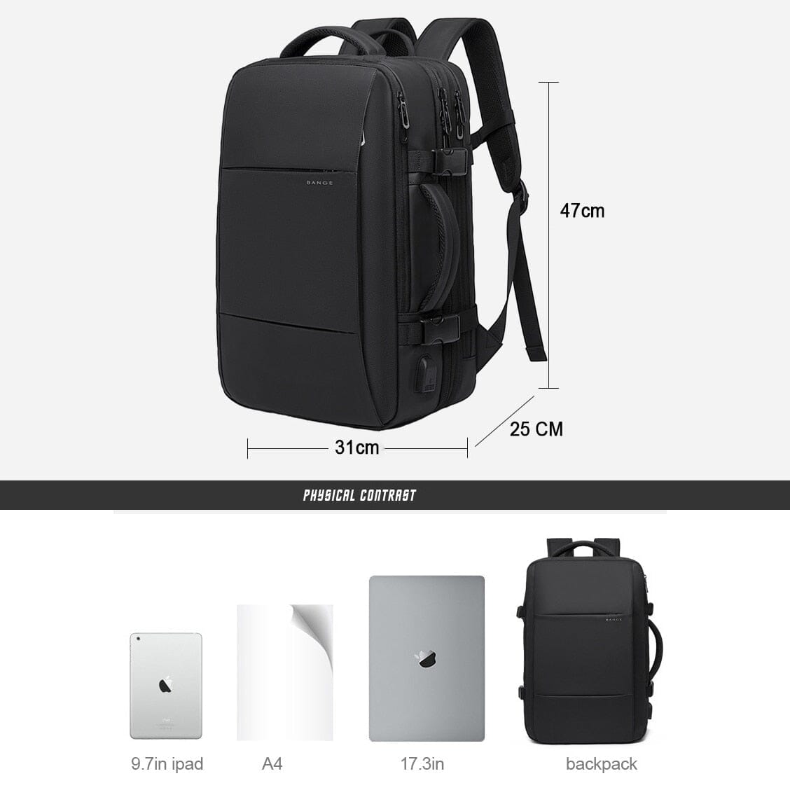 Premium Travel Backpack - Fits 17" Laptop, Expandable, Waterproof, with USB Charging Port